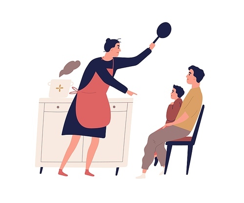 Angry housewife holding skillet scolding son vector flat illustration. Father protect little kid during quarrel isolated on white. Irritated mother shout to child during family conflict.
