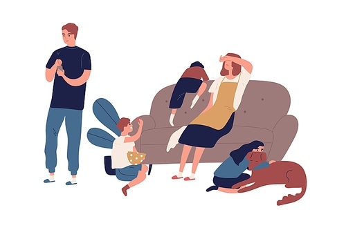 Tired mother having many children sitting on couch after tough day vector flat illustration. Indifference husband surfing internet use smartphone isolated. Problem in relationship of family.