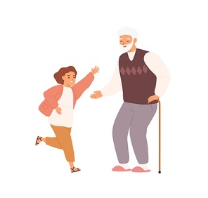 Joyful little girl and grandfather having fun together vector flat illustration. Happy grandchild running and hugging, visit smiling grandpa isolated on white. Family enjoying meeting.