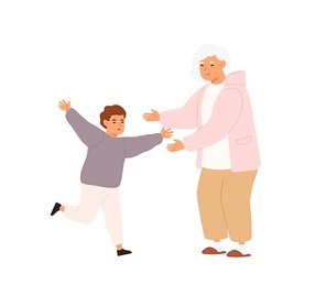 Happy little boy running to hug glad to visit smiling grandmother vector flat illustration. Joyful relatives enjoying meeting having positive emotion isolated. Cute family spending time together.