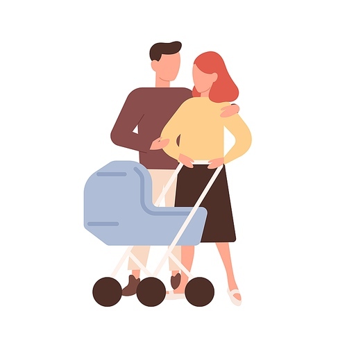 Lovely family with baby in stroller walking together vector flat illustration. Husband hugging wife feeling love and tenderness isolated on white. Cute mother and father enjoying parenthood together.