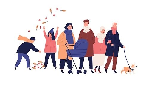 Big family walking at autumn street together vector flat illustration. Cute grandparents, parents and children spending time outdoor isolated. Elderly, adult and young relatives enjoying strolling.
