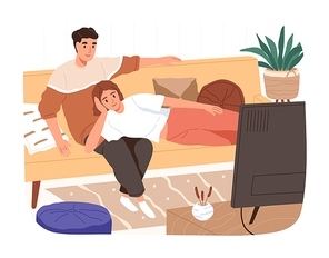 Happy family relaxing on couch watching tv vector flat illustration. Smiling man and woman spending time together isolated. Domestic husband and wife on comfy sofa enjoying home entertainment.