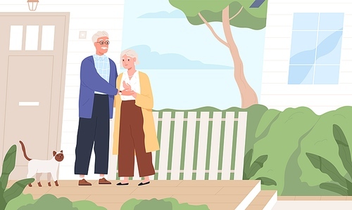 Elderly couple hugging standing together on porch of countryside house vector flat illustration. Aged man and woman with cat near village dwelling. Mature people holding hands outdoor.