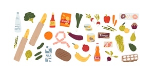 Set of different grocery food and drink products vector flat illustration. Collection of various fruit, vegetables, beverage, snack, and can isolated on white. Healthy and unhealthy meal.
