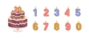 Set of isolated burning number shaped candles for celebration. Birthday chocolate cake for anniversary and candles for each year flat vector illustration on light background.