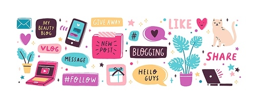 Colorful collection of various inscriptions, signs and buttons for blog isolated on white . Creative design elements set for post in social network. Vector illustration in flat cartoon style