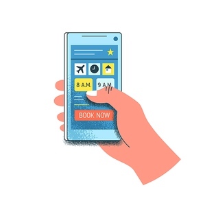 Cartoon human hand hold smartphone with button book now on screen isolated on white. Travel person use online booking mobile application vector flat illustration. Service for order ticket and hotel.