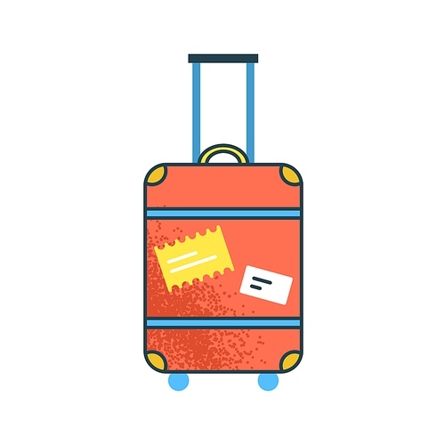 Cartoon large orange suitcase with handle vector flat illustration. Colorful travel luggage with stickers isolated on white . Huge baggage bag case on wheels ready to travel vacation.