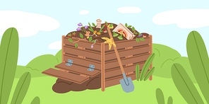 Compost box with bio recycling garbage vector illustration. Pile of waste products for organic fertilizer. Agricultural gardening recycle. Bin with natural trash to reduce environmental pollution.