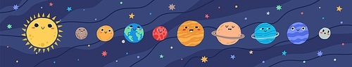 Funny childish planets in row vector flat illustration. Cute celestial bodies with smiling faces in sequence at outer space. Cartoon colorful astronomical objects at night sky.