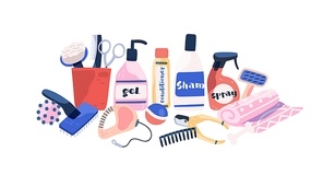 Collection dog and cat grooming equipment isolated on white background. Shampoo, comb, toys and tools for pet coat care vector flat illustration. Cartoon bottle for wash and clean of domestic animal.
