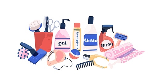 Collection dog and cat grooming equipment isolated on white . Shampoo, comb, toys and tools for pet coat care vector flat illustration. Cartoon bottle for wash and clean of domestic animal.