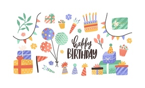 Set of hand drawn decoration with inscription Happy Birthday vector flat illustration. Collection of cone hat, garland flag, present boxes and balloons isolated. Festive objects with design elements.