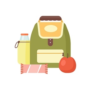 Colorful meal for kids vector flat illustration. Cartoon school backpack, bottle with beverage, sweet and apple isolated on white background. Childish breakfast meal composition.