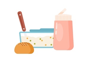 Lunch box with tasty porridge and bun vector flat illustration. Colorful container and bottle with childish breakfast isolated on white. Homemade meal and drink for kids healthy nutrition.