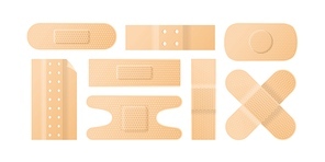 Set of realistic perforated plaster patch or tape vector illustration. Collection of first aid elements or sterile medical skin protector isolated on white. Adhesive dressings for wounds and injuries.