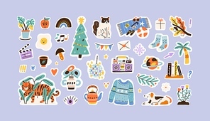 Set of colorful hand drawn stickers vector flat illustration. Collection of different decoration for weekly or daily planner and diaries isolated. Funny signs, symbols, objects and image templates.