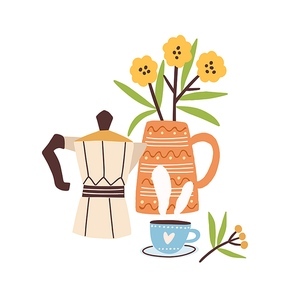 Hand drawn morning composition with coffee and flowers vector flat illustration. Cute bouquet in vase with hot beverage in cup isolated. Fragrance drink in mug decorated by flower and design element.