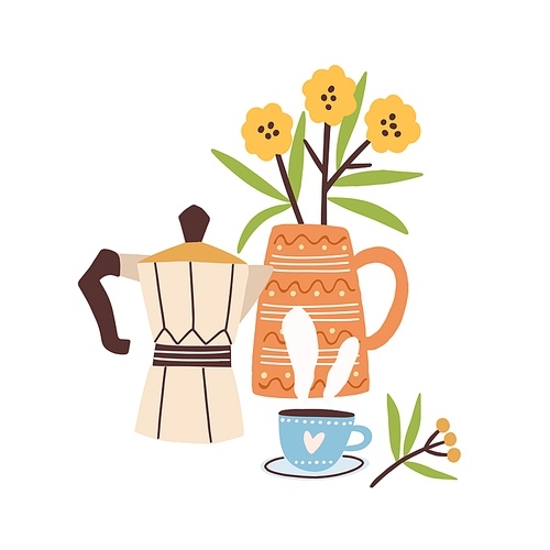 Hand drawn morning composition with coffee and flowers vector flat illustration. Cute bouquet in vase with hot beverage in cup isolated. Fragrance drink in mug decorated by flower and design element.