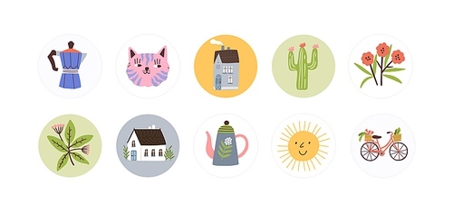 Collection of round childish tag, sticker. Design, decorated scrapbook elements. Muzzles, house, flower, bicycle, sun, pot, cactus badge. Flat vector cartoon illustration isolated on white .