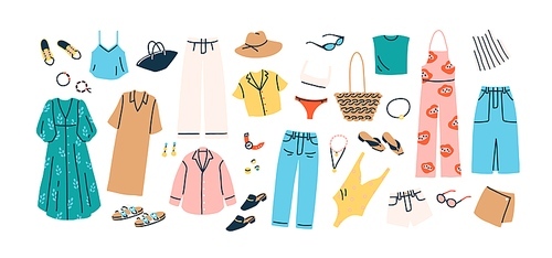 set of summer fashion clothes vector flat illustration. collection of trendy clothing for vacation or beach isolated on white. colored stylish shoes, dress, , shirt, swimsuit and accessories.