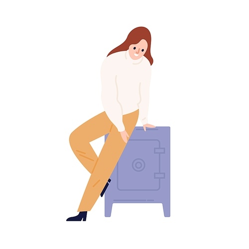 Happy woman sitting on strongbox, vault, cash box. Wealthy girl hiding savings in metal locked safe. Money or finance safety. Flat vector cartoon illustration isolated on white .