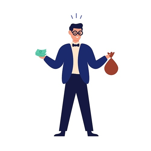 Wealthy happy man holding banknote, money bag and financial accumulation, income profit. Save cash, savings concept. Successful investment. Flat vector cartoon illustration isolated on white.