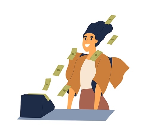 Successful woman with cash flow from calculating machine vector flat illustration. Rich female enjoy business earnings or lottery win isolated. Smiling girl surrounded by flying money banknotes.