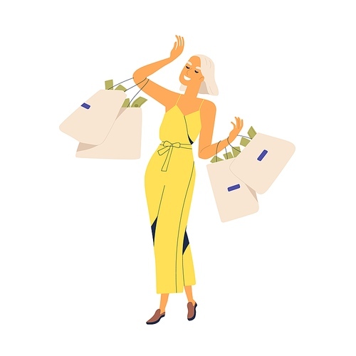 Fashion woman millionaire carrying bags full of currency vector flat illustration. Smiling rich girl with much money enjoying wealth isolated on white. Financial successful female walking with cash.