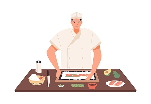 Smiling chef cooking sushi at kitchen table vector flat illustration. Professional kitchener making traditional Japanese food isolated. Process preparation of Asian dish with fresh ingredients.