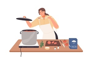 Smiling female preparing tomato sauce to pasta vector flat illustration. Happy housewife cooking and trying food on kitchen table isolated on white. Woman in apron during meal preparation.