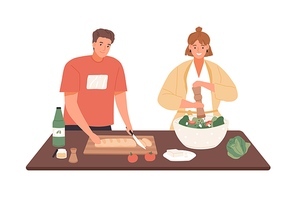 Happy couple cooking vegetable salad together vector flat illustration. Woman applying pepper to dish during man cutting bread isolated on white. People preparing healthy food on kitchen table.