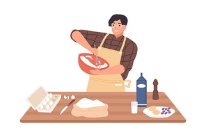 Happy guy in apron mixing ingredients preparing dough in bowl vector flat illustration. Smiling man cooking dessert at kitchen table isolated on white. Preparation homemade pastry or baking.