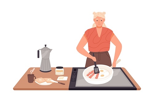 Smiling female cooking breakfast on kitchen table vector flat illustration. Happy woman frying eggs with bacon, toasts with butter and coffee isolated on white. Housewife preparing morning meal.