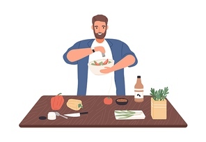 Smiling man on diet cook vegetable salad on kitchen table vector flat illustration. Male apply salt to vegetarian healthy food isolated on white. Guy preparing dinner or lunch with spices and herbs.