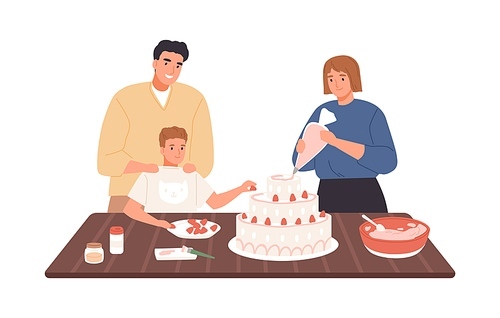 Happy family decorating homemade cake with whipped cream and strawberry vector flat illustration. Mother, father and son cooking together on kitchen table isolated on white. Preparing dessert.