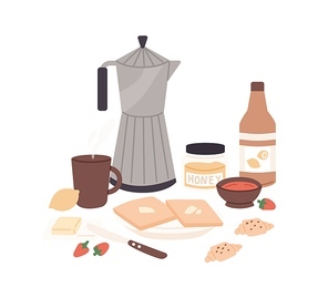 Composition of classical fresh tasty breakfast vector flat illustration. Coffee, croissant, toasts with butter, honey and jam, fresh strawberry isolated. Traditional morning food or brunch menu.