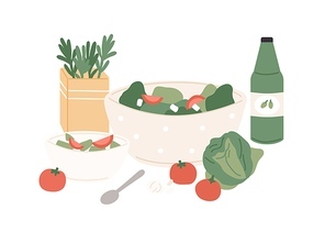 Composition of fresh vegetable salad and juice vector flat illustration. Chopped tomato, cabbage, cucumber and greenery in bowls for healthy nutrition isolated. Appetizing vegetarian lunch or dinner.