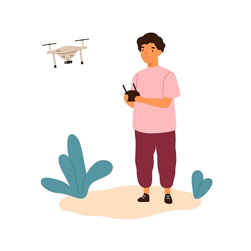 Cute little boy launching drone outdoor vector flat illustration. Smiling guy holding remote control of quadcopter isolated on white. Joyful kid playing with modern digital device at park.