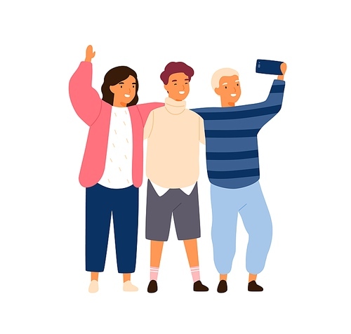 Group of smiling friends or classmates taking selfie use smartphone vector flat illustration. Happy children photographing together hold mobile phone isolated. Kids hugging enjoying friendship.