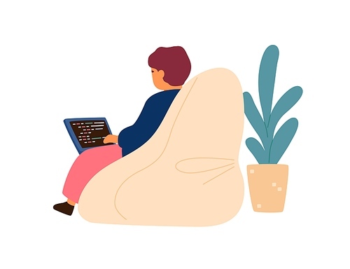 Modern little boy writing programming code use laptop vector flat illustration. Kid sitting on comfy armchair enjoying hobby on computer isolated on white. Software development or program coding.