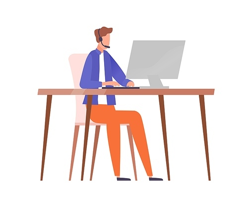 Male character in headset sitting at table with computer vector flat illustration. Guy worker of call center, hotline or customer support isolated. Man specialist or operator of helpline service.