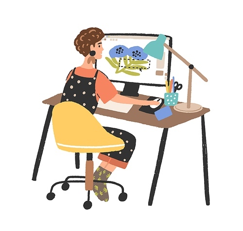 Woman freelance graphic designer working use computer vector flat illustration. Creative young female depict image in digital program isolated on white. Cute girl design creator at workplace.