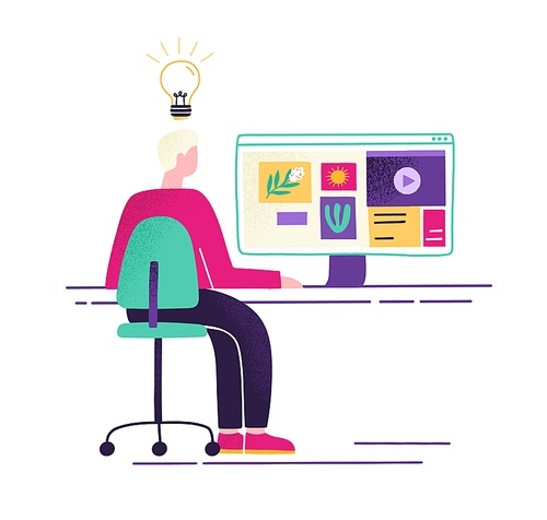 Male sit at desk with computer and watching pictures, videos or sites in internet vector flat illustration. Man with creativity and imagination looking ideas online isolated. Guy generating content.