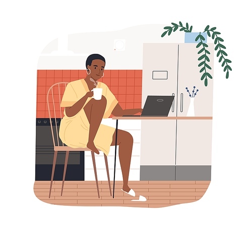 African american freelancer woman work from home vector flat illustration. Black skin female hold tea chatting or watching movie use laptop isolated. Modern girl relaxing at kitchen surfing internet.