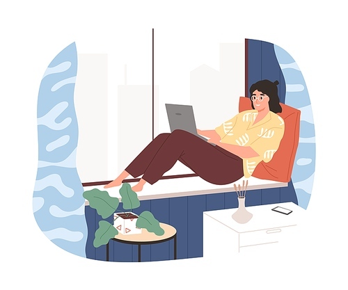 Cheerful modern woman working remotely lying on comfy windowsill vector flat illustration. Freelancer female use laptop at home isolated on white. Smiling girl relaxing surfing internet or chatting.