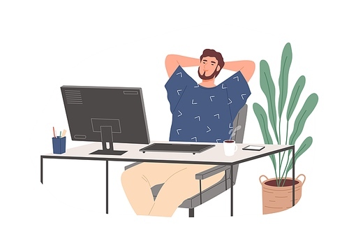 Relaxed guy sitting on chair feeling satisfied from work productivity vector flat illustration. Freelancer male resting at office in workplace isolated. Pleasant happy worker at desk with computer.