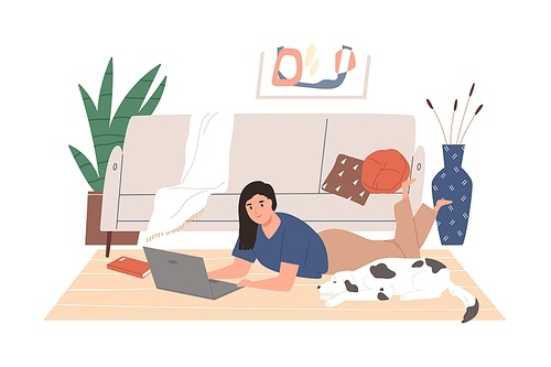 Freelancer girl working remotely lying on floor at cozy living room vector flat illustration. Modern female relaxing with dog use laptop isolated on white. Woman chatting or surfing internet at home.