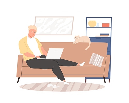 Freelancer guy sitting on couch working remotely use laptop vector flat illustration. Male relaxing in living room chatting at social networks or surfing internet isolated. Man spending time at home.